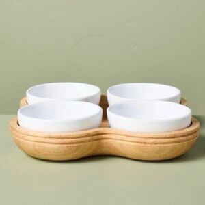 5pc Wood Serving Tray with Ceramic Bowl Inserts Brown/Cream - Hearth & Hand